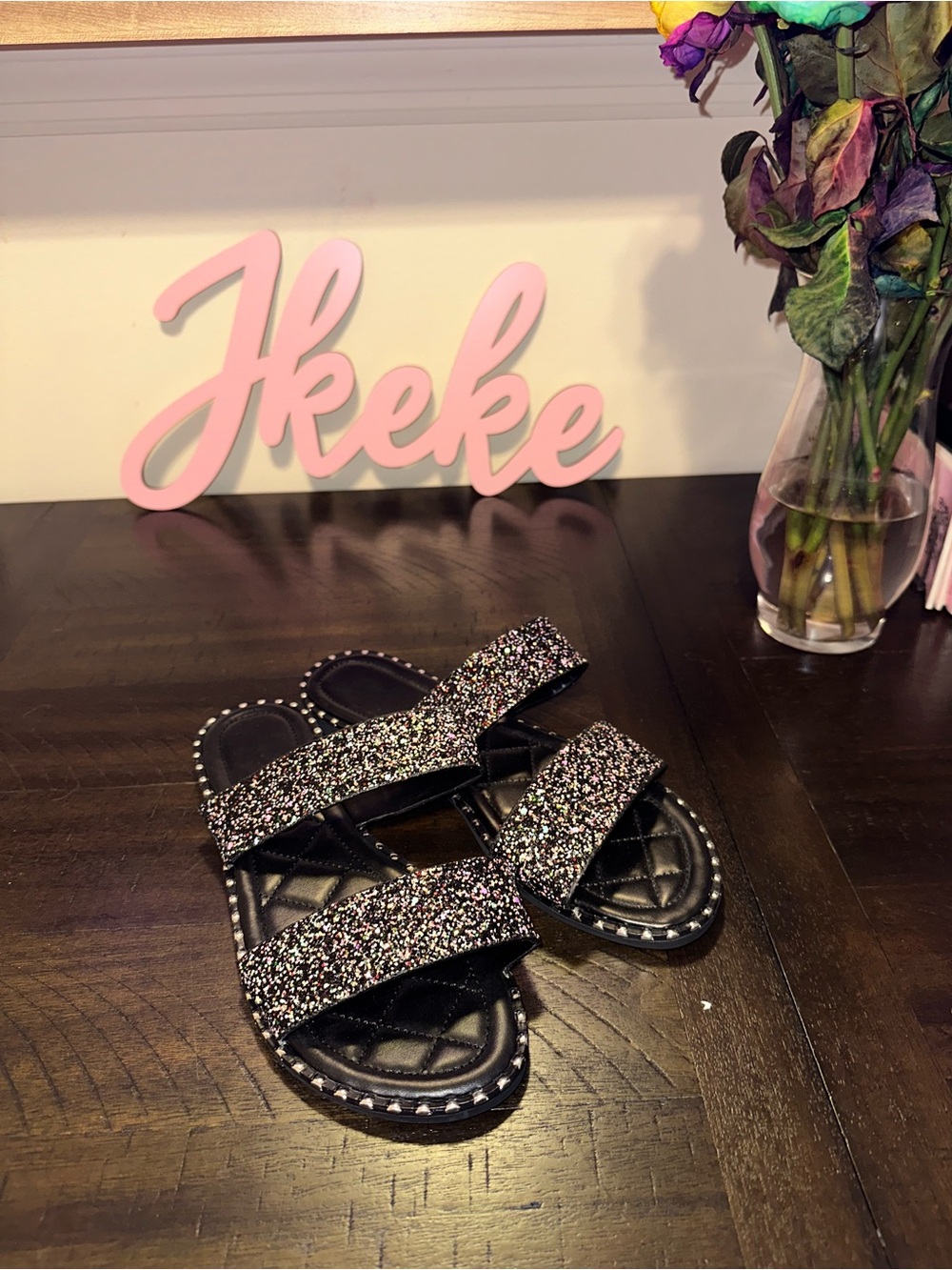 Black Glitter Double-Strap Slide Sandals  7, 8, 9